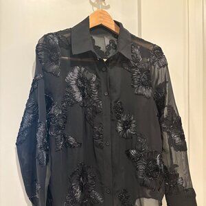Anewsta Black Sheer Floral Embroidered Blouse (Size S / US 4)